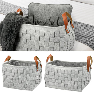 Aufbewahrungskorb 2er Set aus Filz grau Zeitungskorb mit Griffen in Lederoptik in zwei Größen