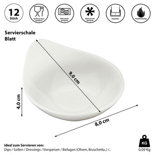 Servierschale Blattform 12er Set weiß 9x4x8cm New Bone China Schale Schüssel Tischgeschirr Snackschale