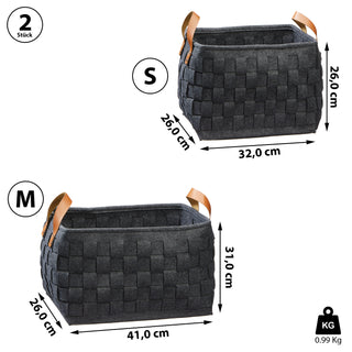 Aufbewahrungskorb 2er Set aus Filz dunkelgrau Zeitungskorb mit Griffen Lederoptik zwei Größen Korb Filzkorb