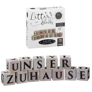 Letterblock Buchstabenblöcke 16 Würfel 4x4cm Buchstaben bedruckt Holz Schriftzug