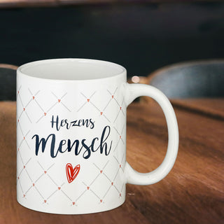 Tasse Kaffeebecher Herzensmensch Uni oder Rautendruck 300 ml Steinzeug Aufdruck
