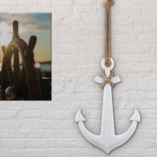 Deko Anker zum Aufhängen mit Tau 58,5x40x2cm MDF weiß Antikfinish maritim Schiffsanker Schiffszubehör
