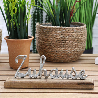 Schriftzug 'Zuhause' silber 30x10x5cm Mangoholz Aluminium Dekoaufsteller Tischdeko Aufsteller