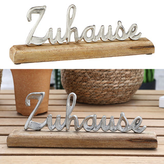 Schriftzug 'Zuhause' silber 30x10x5cm Mangoholz Aluminium Dekoaufsteller Tischdeko Aufsteller