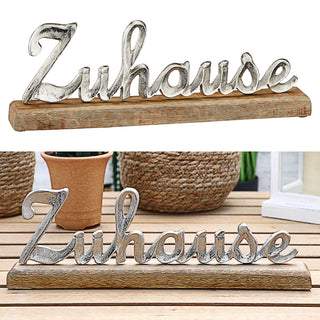 Schriftzug 'Zuhause' silber 40x13x5cm Mangoholz Aluminium Dekoaufsteller Tischdeko Aufsteller