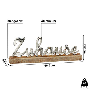 Schriftzug 'Zuhause' silber 40x13x5cm Mangoholz Aluminium Dekoaufsteller Tischdeko Aufsteller