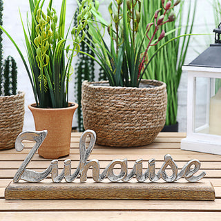 Schriftzug 'Zuhause' silber 40x13x5cm Mangoholz Aluminium Dekoaufsteller Tischdeko Aufsteller