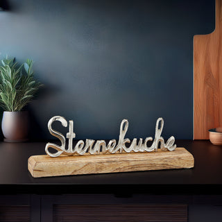 Schriftzug 'Sterneküche' silber 30,5x10,5x5cm Mangoholz Aluminium Dekoaufsteller Tischdeko Aufsteller