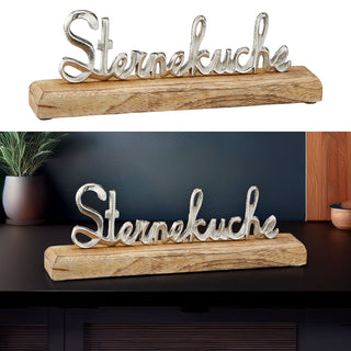 Schriftzug 'Sterneküche' silber 30,5x10,5x5cm Mangoholz Aluminium Dekoaufsteller Tischdeko Aufsteller