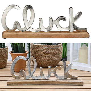 Schriftzug 'Glück' silber 40x13x5cm Mangoholz Aluminium Dekoaufsteller Tischdeko Aufsteller