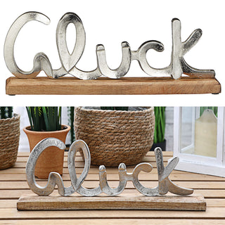 Schriftzug 'Glück' silber 40x13x5cm Mangoholz Aluminium Dekoaufsteller Tischdeko Aufsteller