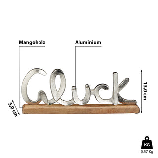 Schriftzug 'Glück' silber 40x13x5cm Mangoholz Aluminium Dekoaufsteller Tischdeko Aufsteller