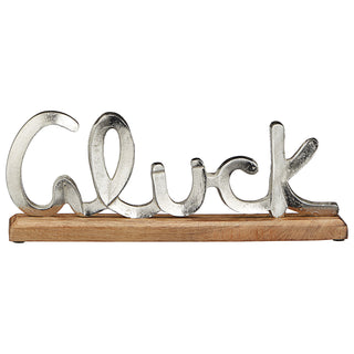 Schriftzug 'Glück' silber 40x13x5cm Mangoholz Aluminium Dekoaufsteller Tischdeko Aufsteller