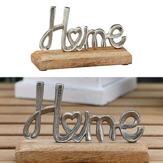 Schriftzug 'Home' silber 17x11x5cm Mangoholz Aluminium Dekoaufsteller Tischdeko Aufsteller