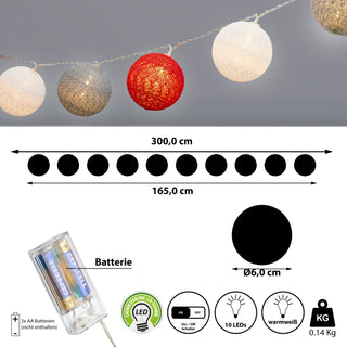 Lichterkette Cottonball 10 Kugeln Ø:4/6cm LED Farbwahl L165cm warmweiß batteriebetrieben Leuchtbälle Leuchtkugeln Girlande