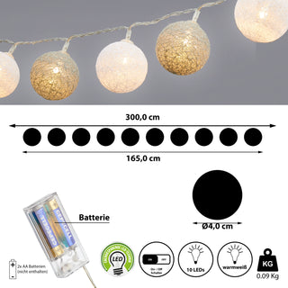 Lichterkette Cottonball 10 Kugeln Ø:4/6cm LED Farbwahl L165cm warmweiß batteriebetrieben Leuchtbälle Leuchtkugeln Girlande