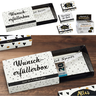 Geschenkbox 24er Set 4 Motive 10x7x2cm Karton weiß schwarz gold Schachtel Wunscherfüllerbox Briefumschlag Geldgeschenke
