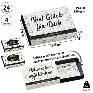 Geschenkbox 24er Set 4 Motive 10x7x2cm Karton weiß schwarz gold Schachtel Wunscherfüllerbox Briefumschlag Geldgeschenke