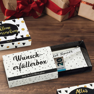 Geschenkbox 24er Set 4 Motive 10x7x2cm Karton weiß schwarz gold Schachtel Wunscherfüllerbox Briefumschlag Geldgeschenke