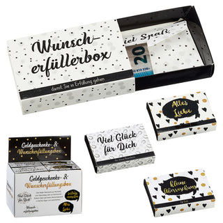 Geschenkbox 24er Set 4 Motive 10x7x2cm Karton weiß schwarz gold Schachtel Wunscherfüllerbox Briefumschlag Geldgeschenke