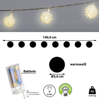 Lichterkette "Spiralball" L140cm 8 Kugeln Ø3cm LED warmweiß batteriebetrieben Weihnachtsbeleuchtung