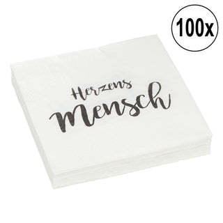 100x Servietten Herzensmensch, 3-lagig, weiß,  Liebe, Hochzeit, Tischdeko, Polterabend, Herz