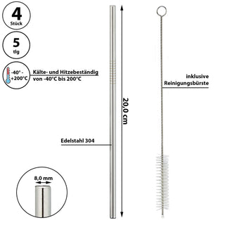 Edelstahltrinkhalme 4er Set Ø8mmx20cm Reinigungsbürste Strohhalm Trinkhalm wiederverwendbar nachhaltig umweltfreundlich