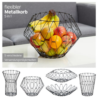 Flexibler Metallkorb, 5 in 1, schwarz, Obstkorb, Dekokorb, Drahtkorb, Schale, Küche, Geschenk