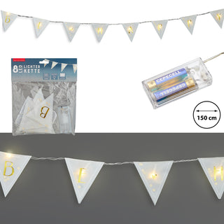 Lichterkette "Be Happy" Flaggen Aufdruck L150cm 8 Fahnen LED warmweiß batteriebetrieben Beleuchtung