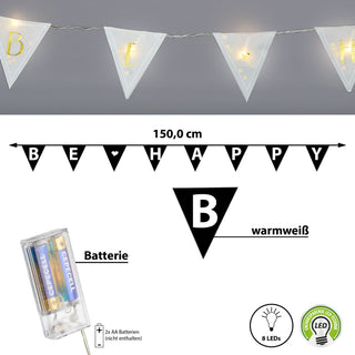 Lichterkette "Be Happy" Flaggen Aufdruck L150cm 8 Fahnen LED warmweiß batteriebetrieben Beleuchtung