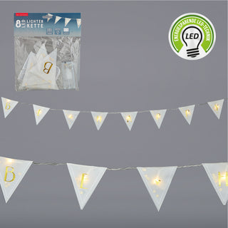 Lichterkette "Be Happy" Flaggen Aufdruck L150cm 8 Fahnen LED warmweiß batteriebetrieben Beleuchtung