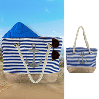 Minitasche Ankermotiv Maritim 25x18x5cm weiß blau beige Canvas Kordel gestreift Strandtasche Schultertasche Shopper