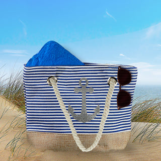 Minitasche Ankermotiv Maritim 25x18x5cm weiß blau beige Canvas Kordel gestreift Strandtasche Schultertasche Shopper