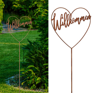 Gartenstecker 'Willkommen' Herzform Metall 20x90x0,5cm Rostoptik Herz zum Stecken Rusty Deko Terrasse Balkon