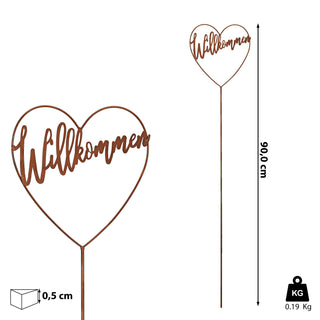 Gartenstecker 'Willkommen' Herzform Metall 20x90x0,5cm Rostoptik Herz zum Stecken Rusty Deko Terrasse Balkon