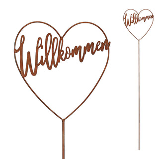 Gartenstecker 'Willkommen' Herzform Metall 20x90x0,5cm Rostoptik Herz zum Stecken Rusty Deko Terrasse Balkon
