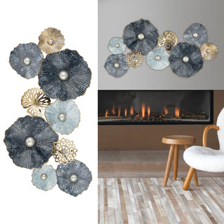 Wanddeko aus Metall Wandbild Wandskupltur Blüten Blumen blau/silber/gold B53xH90cm