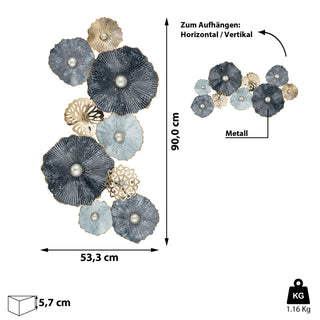 Wanddeko aus Metall Wandbild Wandskupltur Blüten Blumen blau/silber/gold B53xH90cm