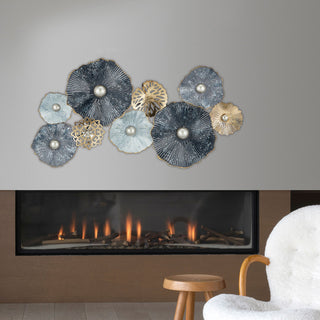 Wanddeko aus Metall Wandbild Wandskupltur Blüten Blumen blau/silber/gold B53xH90cm