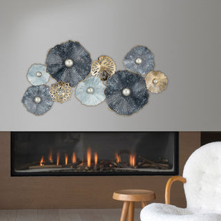 Wanddeko aus Metall Wandbild Wandskupltur Blüten Blumen blau/silber/gold B53xH90cm