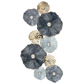 Wanddeko aus Metall Wandbild Wandskupltur Blüten Blumen blau/silber/gold B53xH90cm