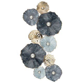 Wanddeko aus Metall Wandbild Wandskupltur Blüten Blumen blau/silber/gold B53xH90cm