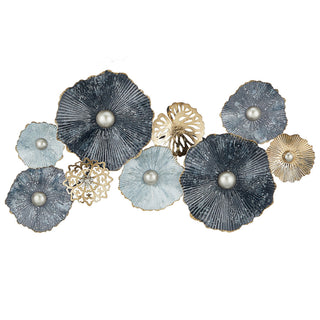Wanddeko aus Metall Wandbild Wandskupltur Blüten Blumen blau/silber/gold B53xH90cm