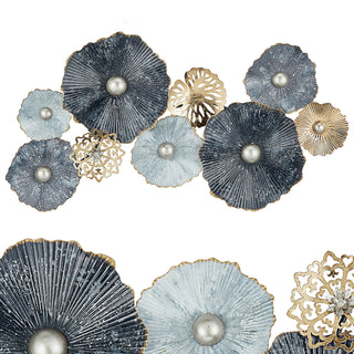 Wanddeko aus Metall Wandbild Wandskupltur Blüten Blumen blau/silber/gold B53xH90cm