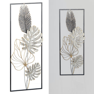 Wanddeko aus Metall im Rahmen Wandbild Wandskupltur Blätter grau/silber/gold B28,5xH74cm