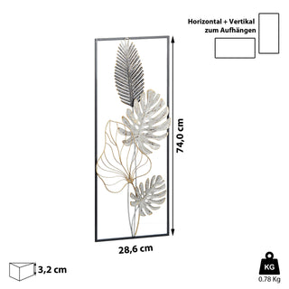 Wanddeko aus Metall im Rahmen Wandbild Wandskupltur Blätter grau/silber/gold B28,5xH74cm