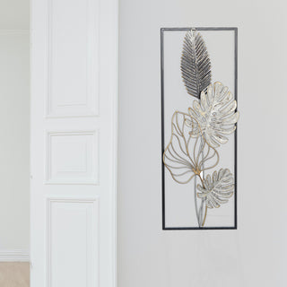 Wanddeko aus Metall im Rahmen Wandbild Wandskupltur Blätter grau/silber/gold B28,5xH74cm