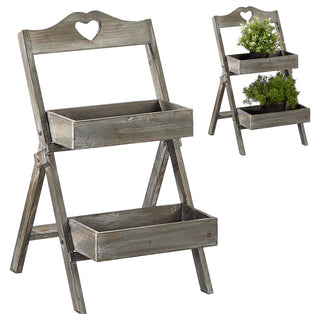 Pflanztreppe Holz Herz 2 Stufen grau ca. 60 cm Blumentreppe Pflanzenregal Blumenständer Pflanzkasten