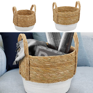 Aufbewahrungskorb 2er Set Seegraskorb Korbset mit Henkeln weiß natur 2 Größen S:22x22x19cm L:28x28x21cm Körbe