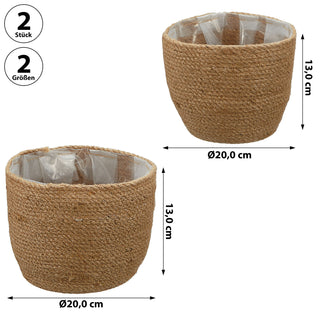 Aufbewahrungskorb 2er Set Pflanzkorb Hanf Kunstofffolien-Inlay S:20x20x13cm L:23x23x17cm Übertopf Körbe